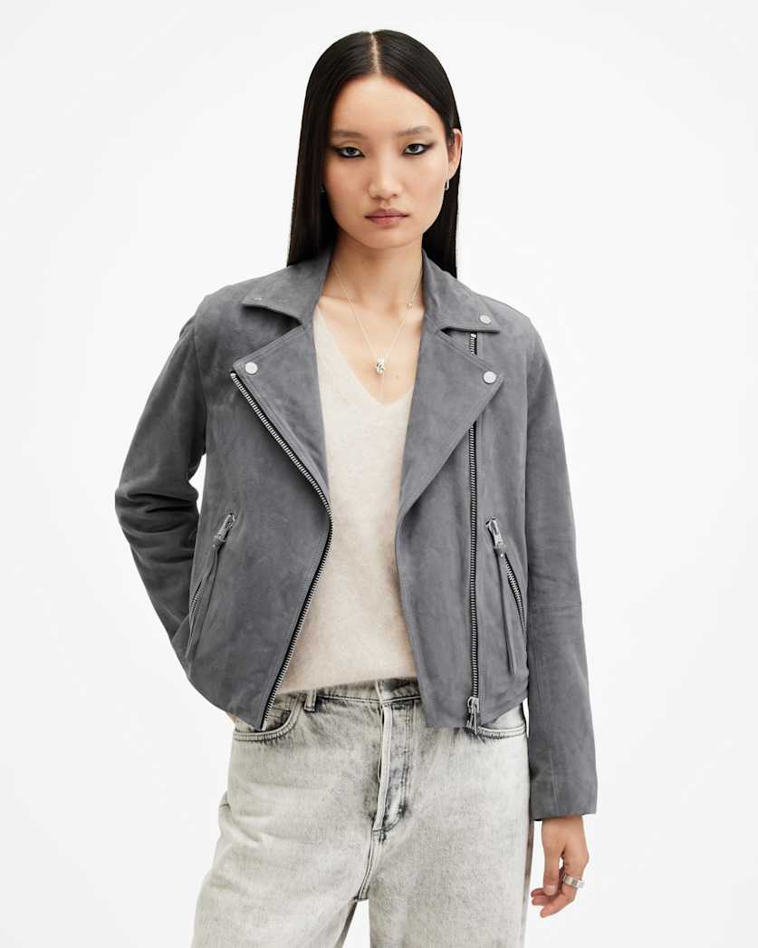 all saints Dalby Slim Fit Suede Biker Jacket Ghost Grey