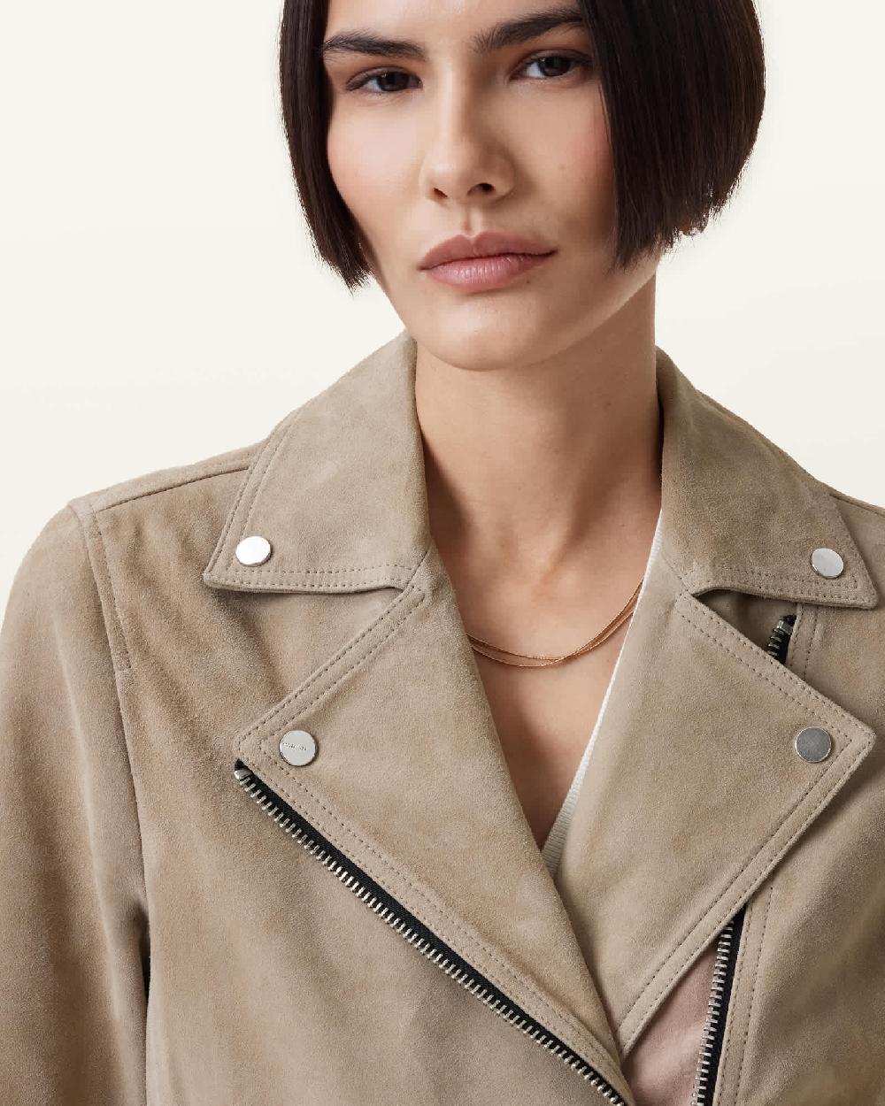 All Saints Dalby Slim Fit Suede Biker Jacket Greige Brown