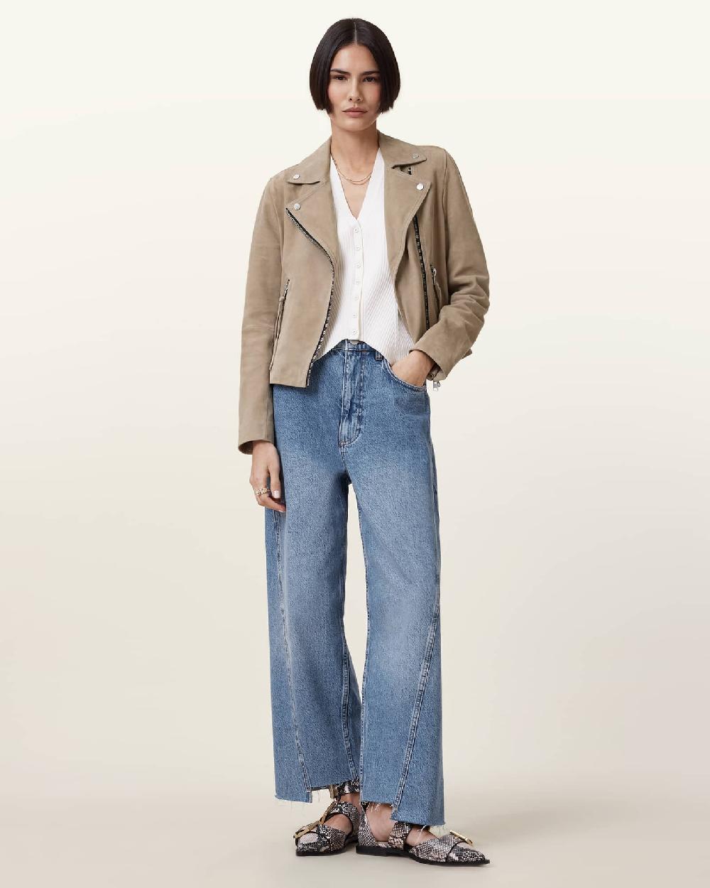 All Saints Dalby Slim Fit Suede Biker Jacket Greige Brown