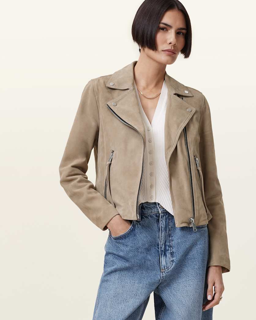 all saints Dalby Slim Fit Suede Biker Jacket Greige Brown