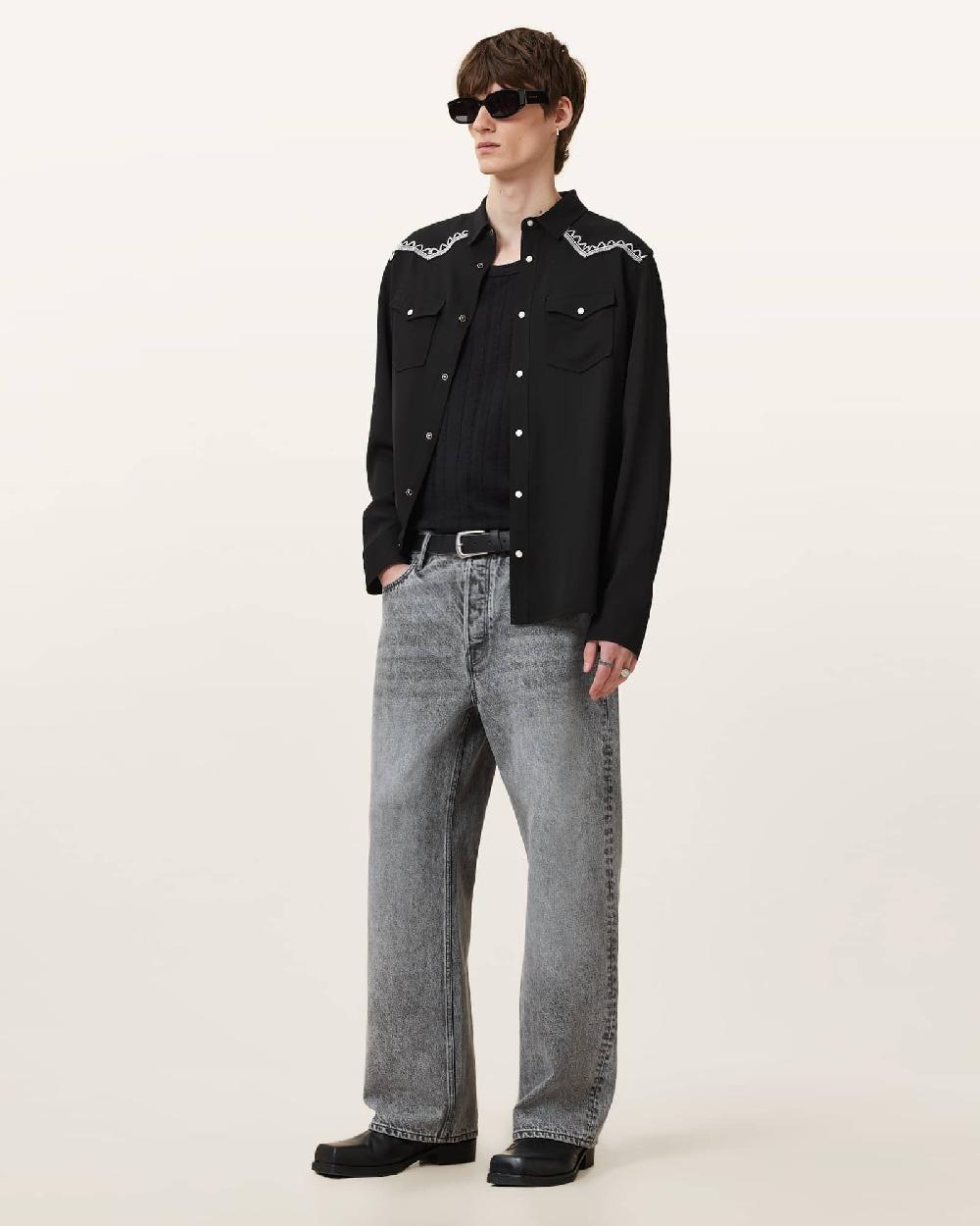 All Saints Dallin Embroidered Long Sleeve Shirt Black