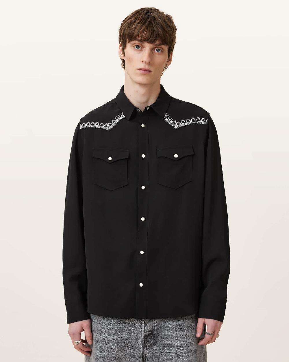 All Saints Dallin Embroidered Long Sleeve Shirt Black