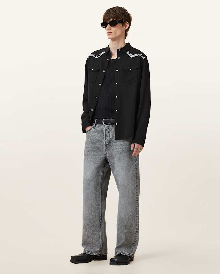 all saints Dallin Embroidered Long Sleeve Shirt Black