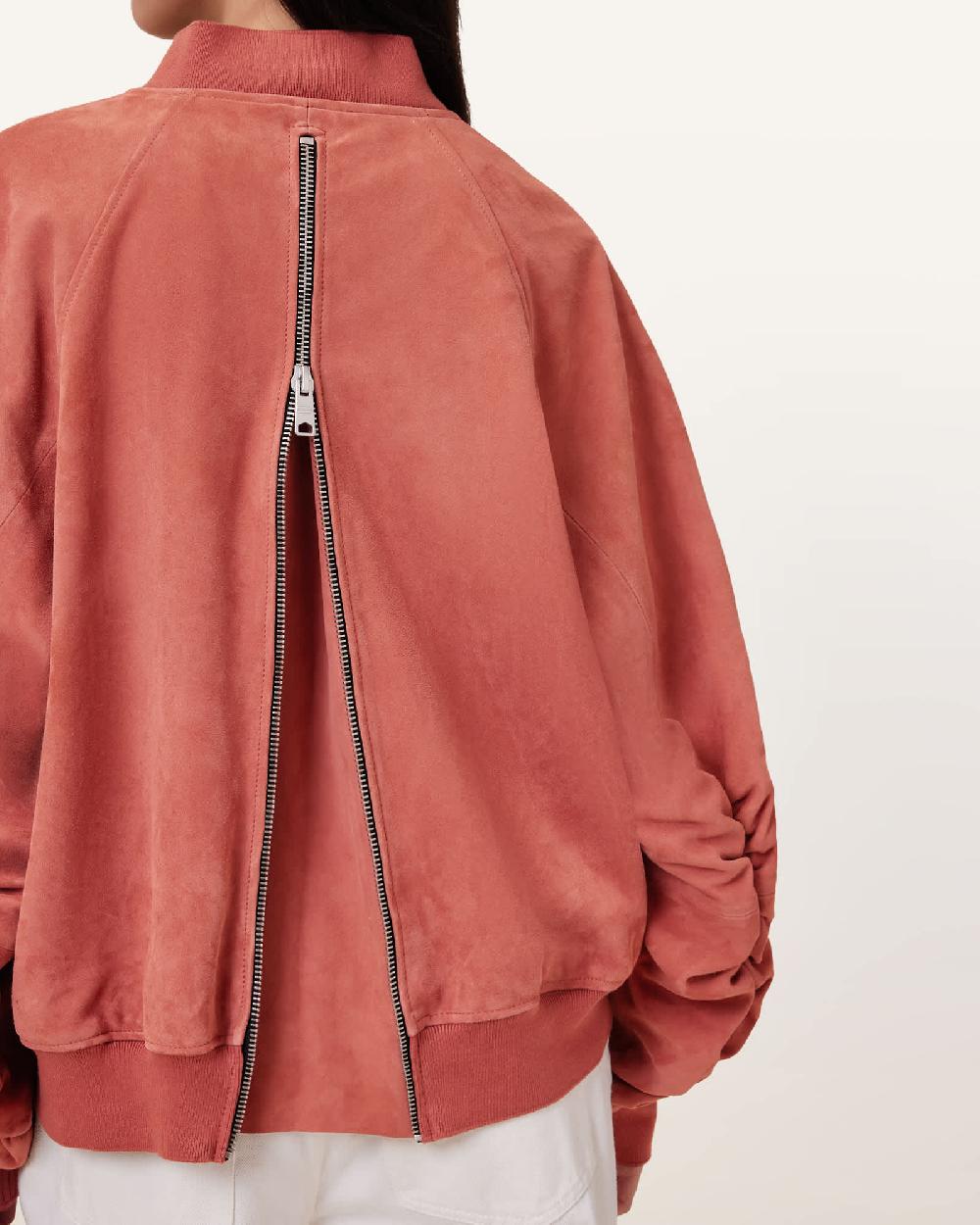 All Saints Dana Relaxed Fit Suede Bomber Jacket Burnt Brick Red