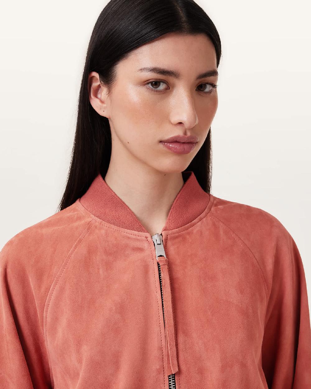 All Saints Dana Relaxed Fit Suede Bomber Jacket Burnt Brick Red
