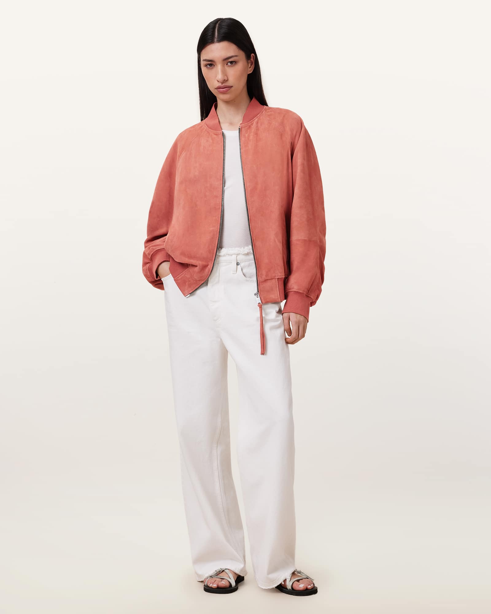 All Saints Dana Relaxed Fit Suede Bomber Jacket Burnt Brick Red