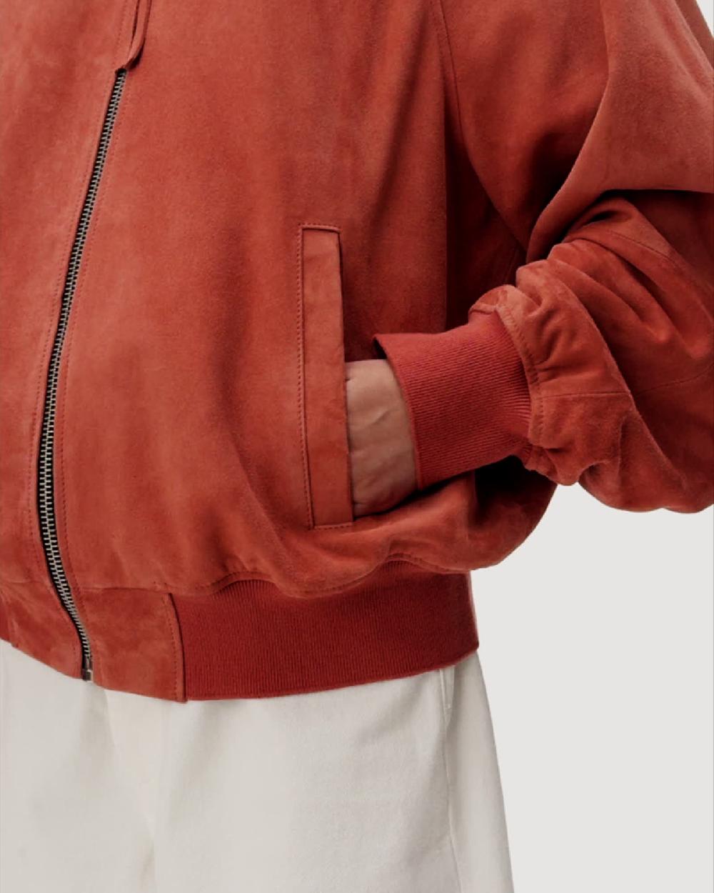 all saints Dana Relaxed Fit Suede Bomber Jacket Burnt Brick Red