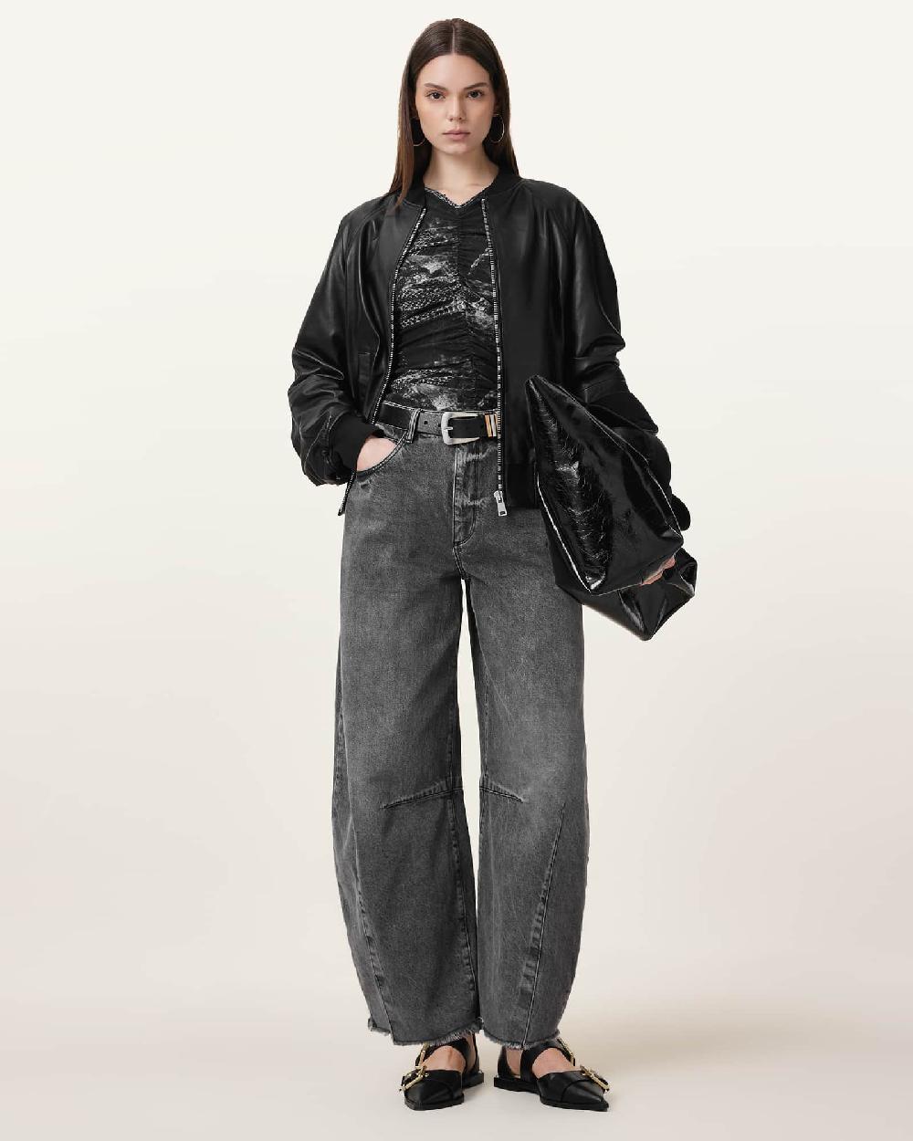 All Saints Dana Zip Detail Leather Bomber Jacket Black