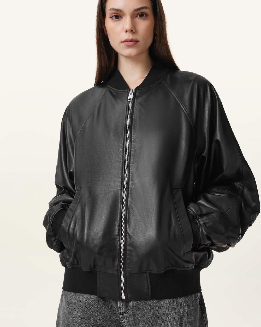 All Saints Dana Zip Detail Leather Bomber Jacket Black