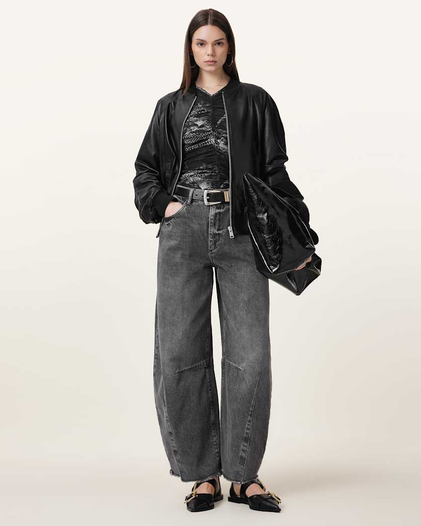 all saints Dana Zip Detail Leather Bomber Jacket Black