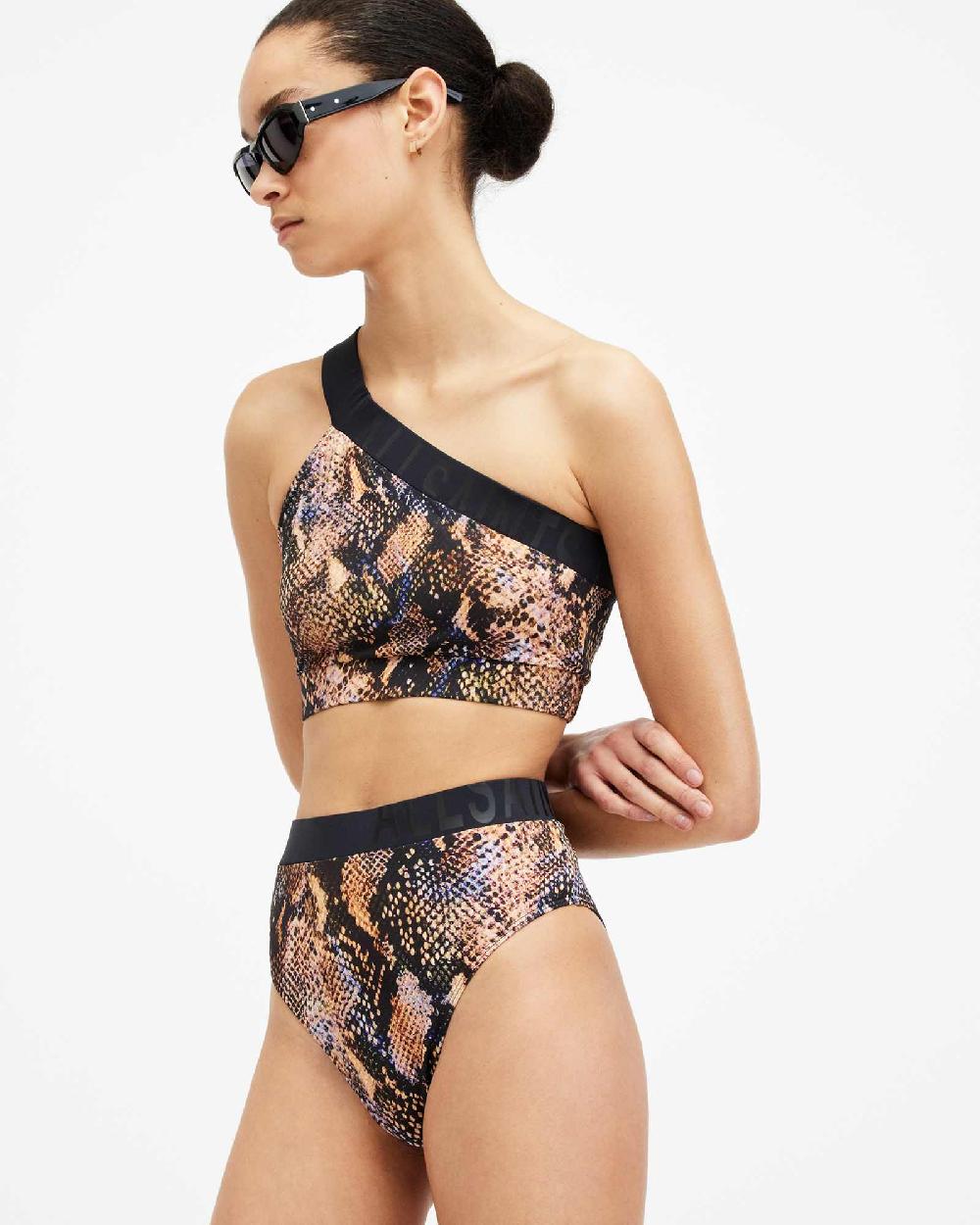 All Saints Dara Snake Print Asymmetric Bikini Top Tahoe Brown