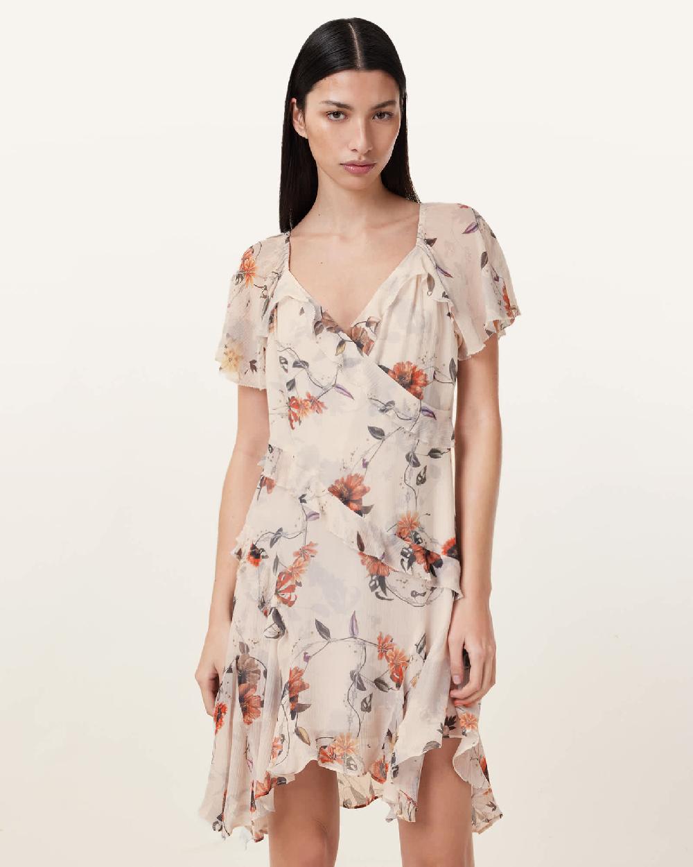 All Saints Darma Floral Print Mini Dress Utility Ecru White