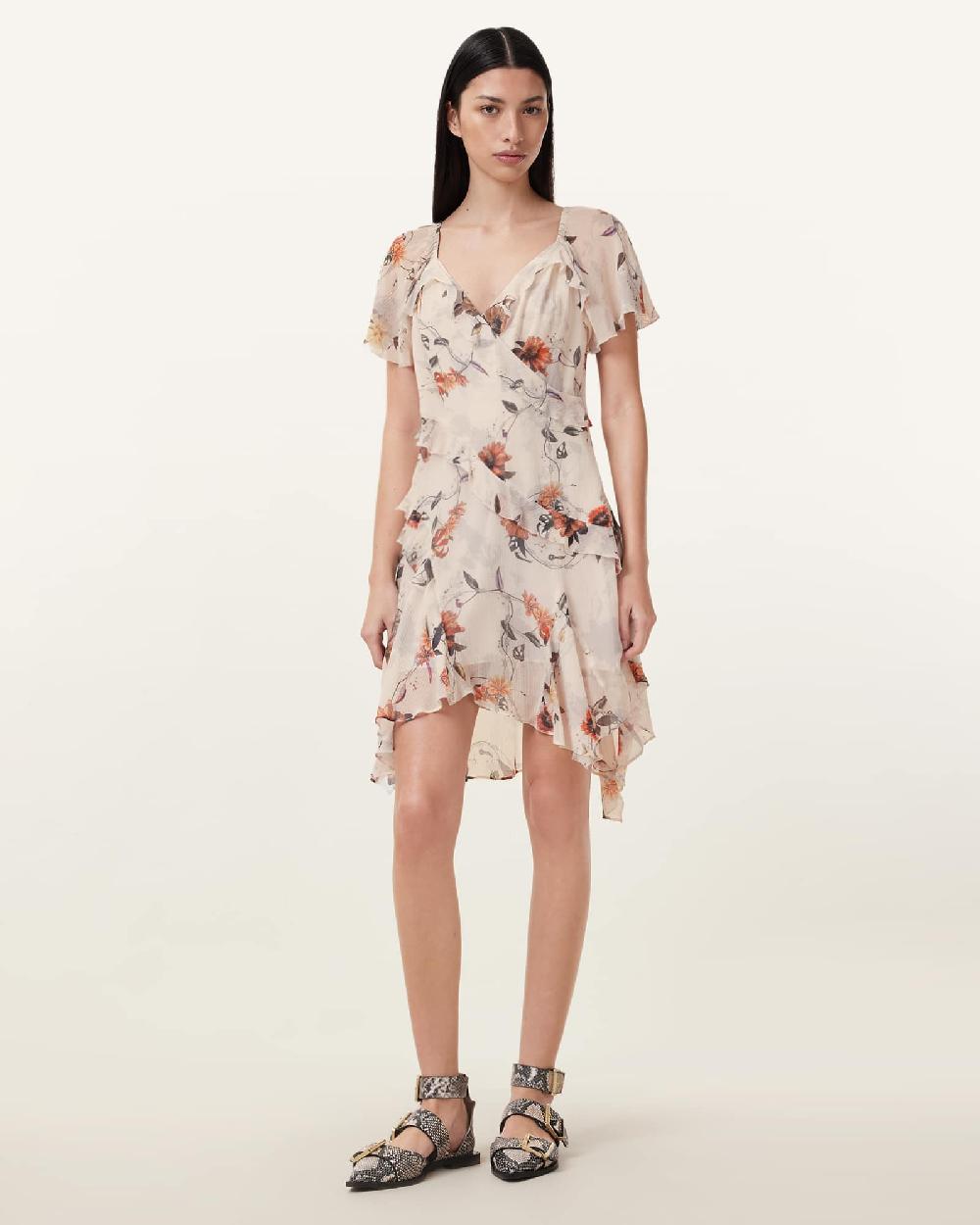 All Saints Darma Floral Print Mini Dress Utility Ecru White