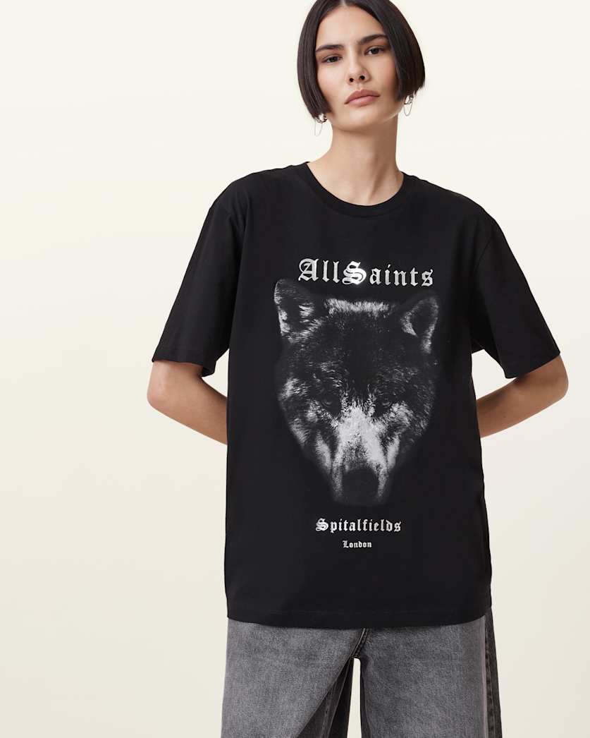 all saints Dawn Wolf Print Relaxed Fit T-Shirt Black