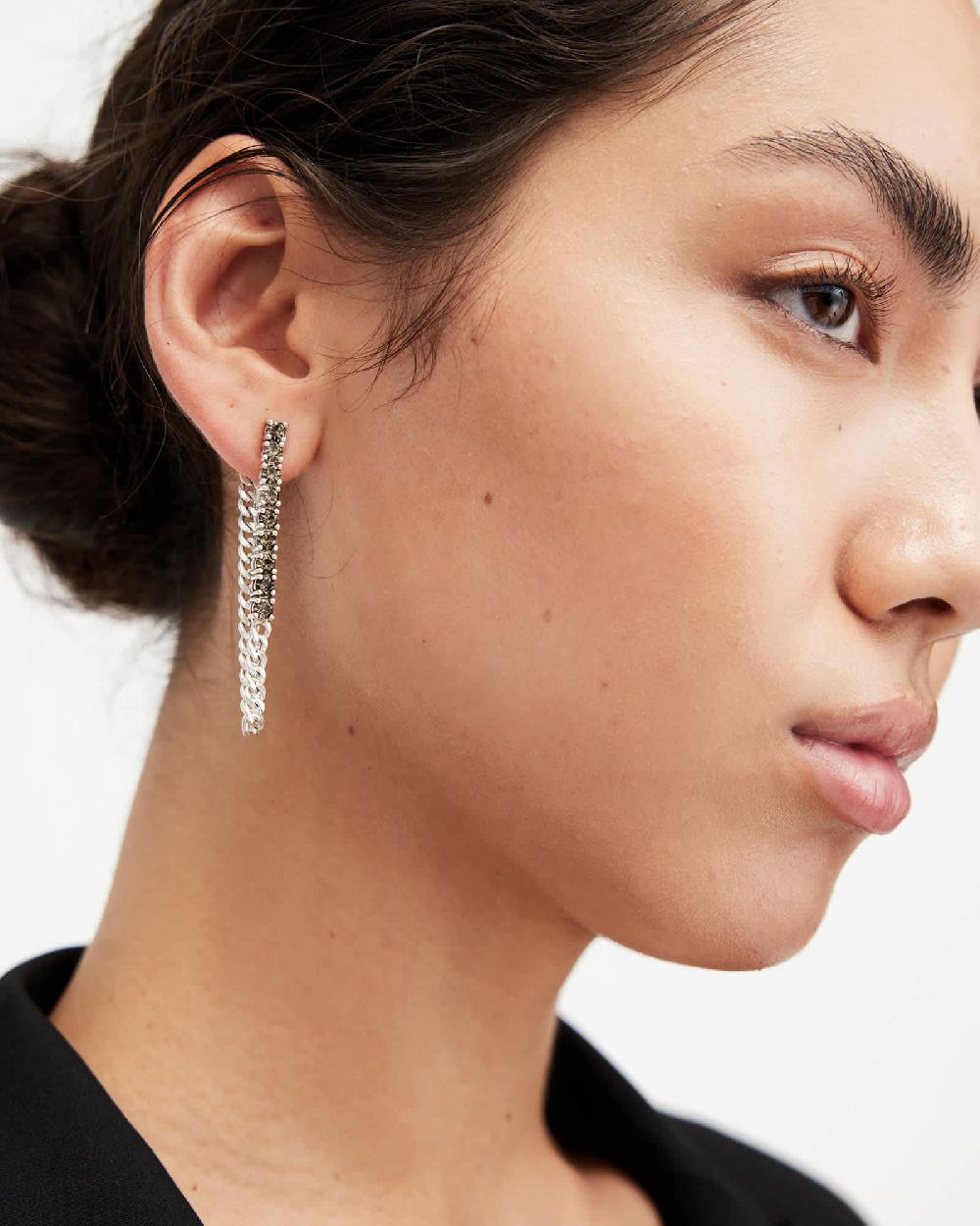 All Saints Della Crystal Curb Chain Earrings WRM SLVR/BLCK DIAM