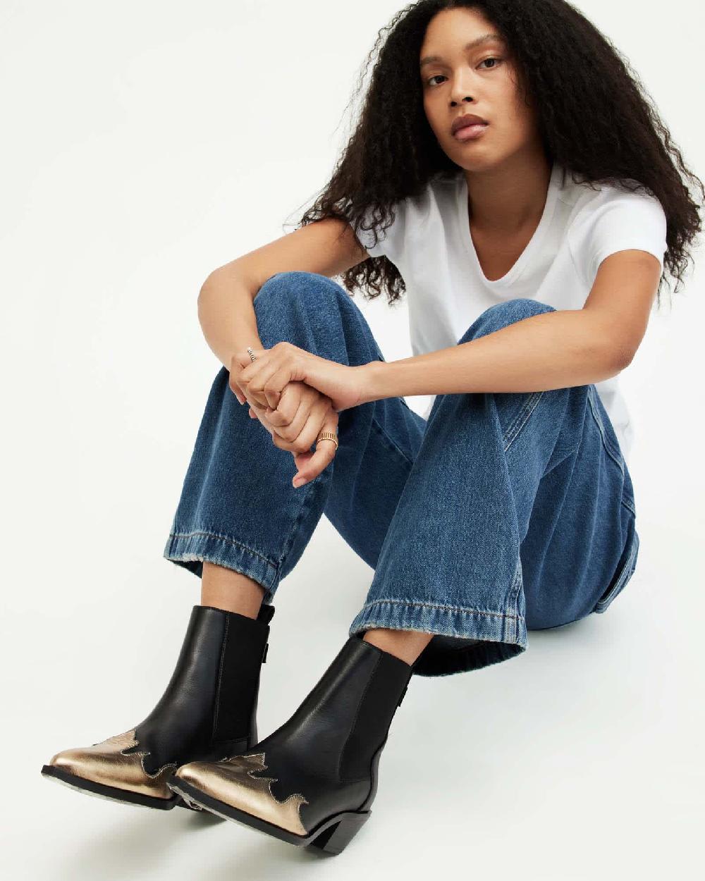 All Saints Dellaware Pointed Leather Western Boots BLACK/GOLD