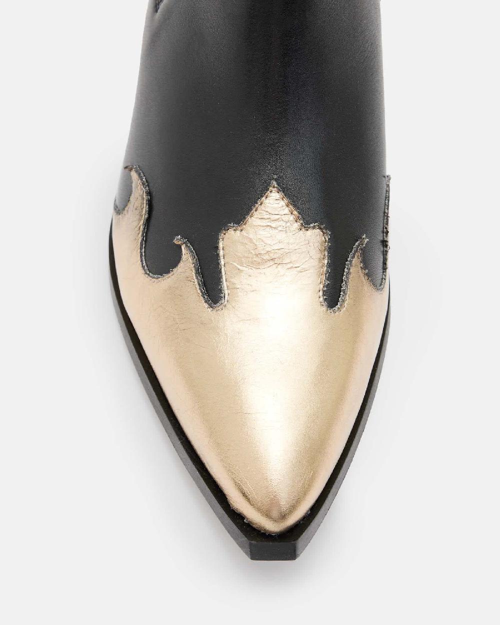 All Saints Dellaware Pointed Leather Western Boots BLACK/GOLD