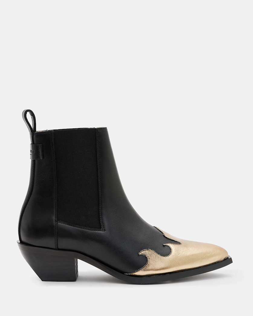 all saints Dellaware Pointed Leather Western Boots BLACK/GOLD
