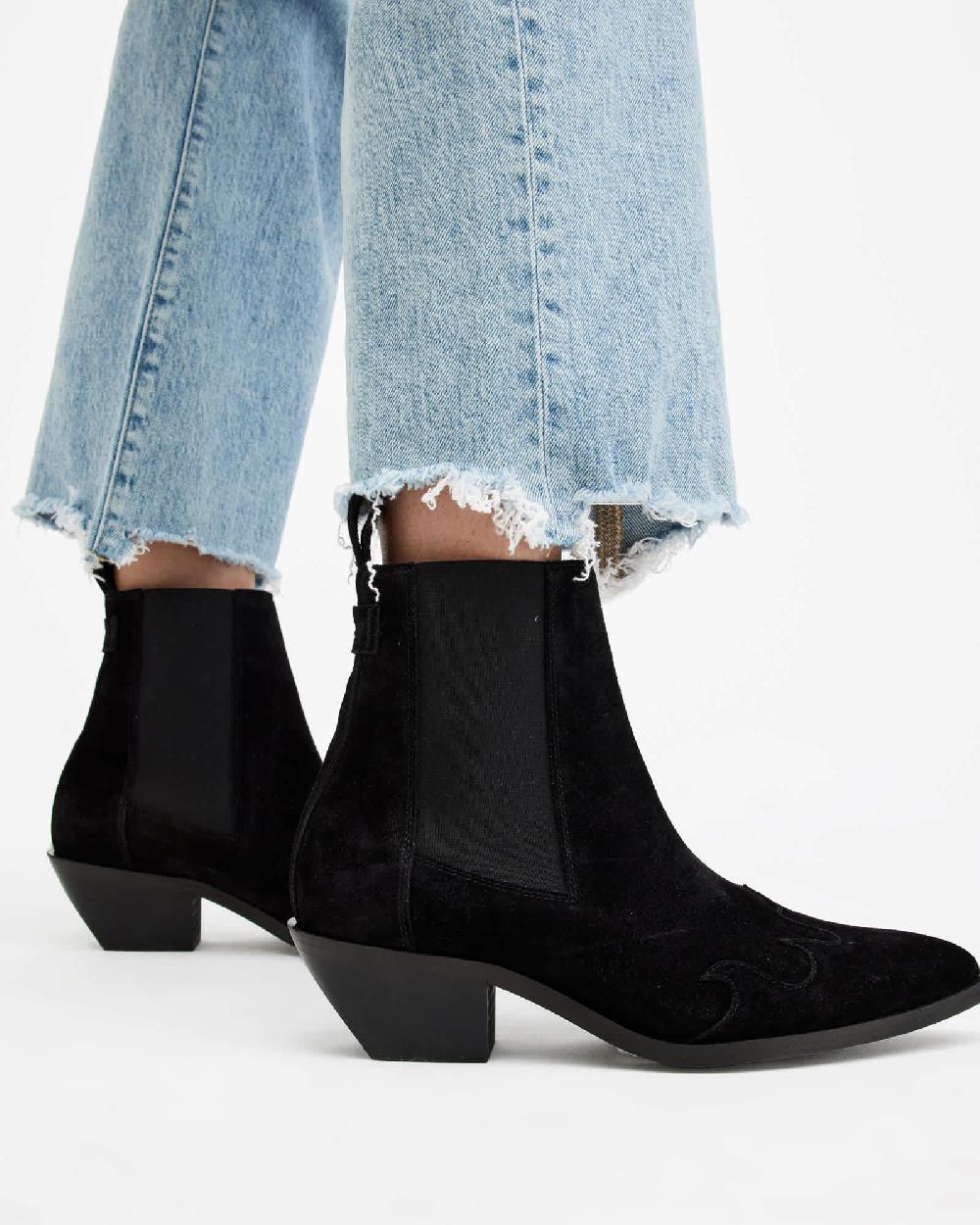 All Saints Dellaware Pointed Suede Western Boots Black