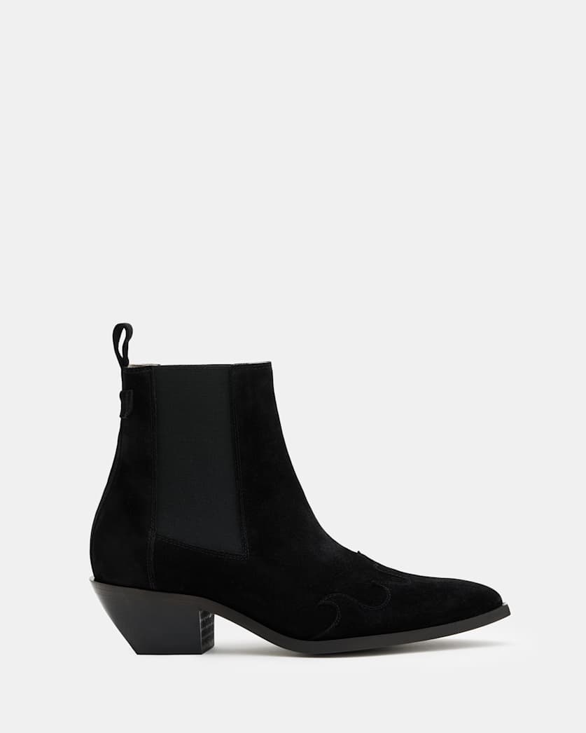 all saints Dellaware Pointed Suede Western Boots Black