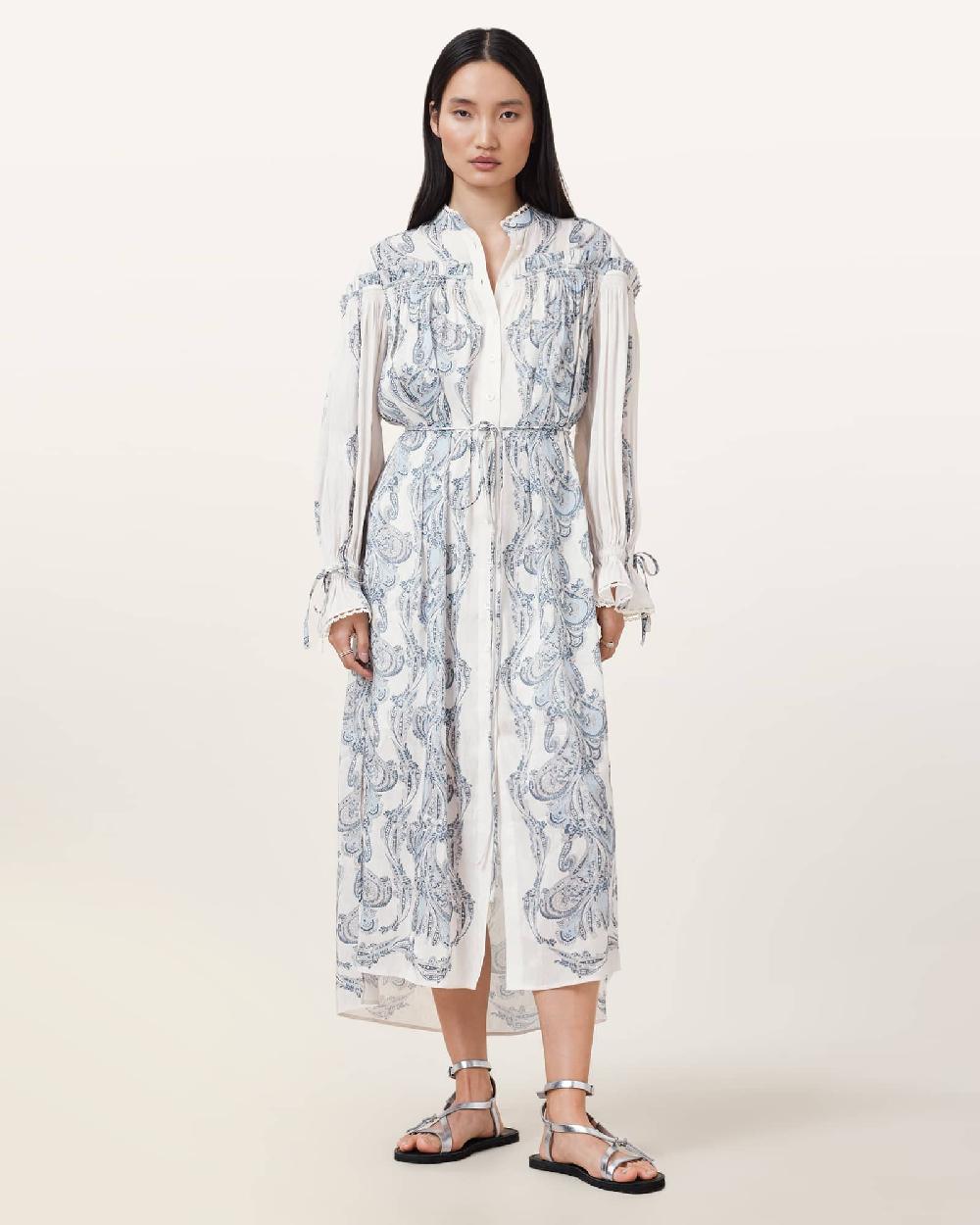 All Saints Delphine Floral Print Midi Shirt Dress Lita Soft Blue