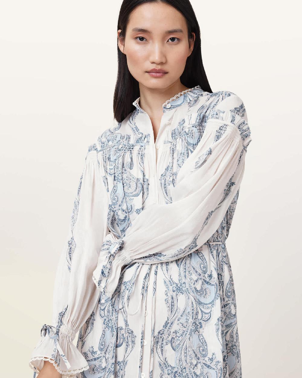 All Saints Delphine Floral Print Midi Shirt Dress Lita Soft Blue