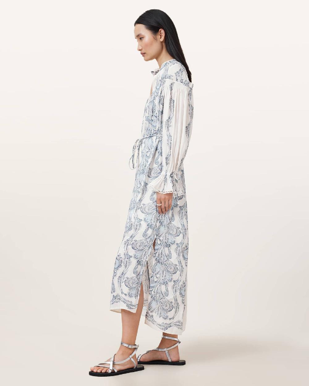 All Saints Delphine Floral Print Midi Shirt Dress Lita Soft Blue