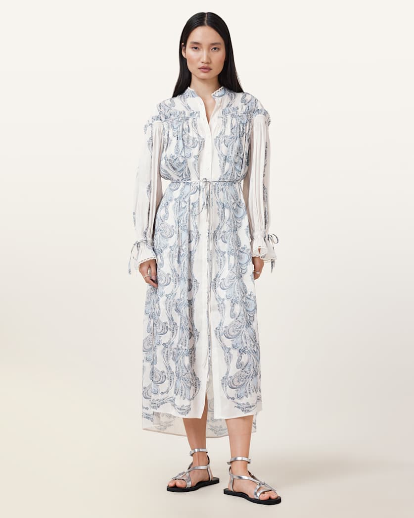 all saints Delphine Floral Print Midi Shirt Dress Lita Soft Blue