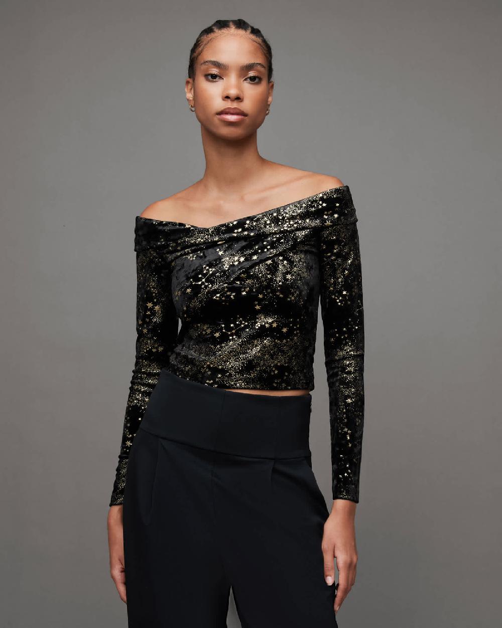 All Saints Delta Star Off Shoulder Velvet Top Black/Gold
