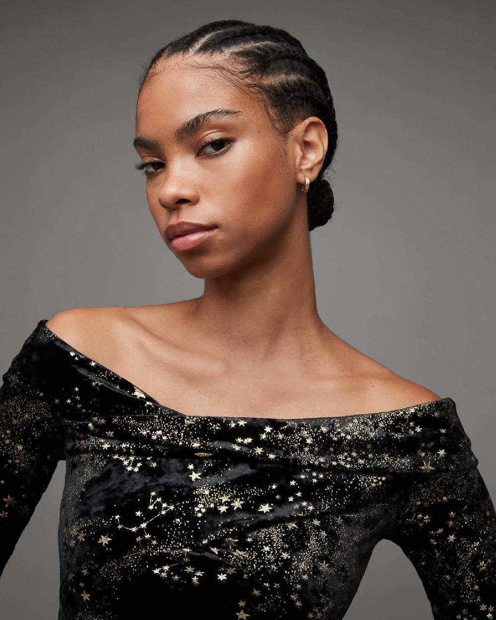 All Saints Delta Star Off Shoulder Velvet Top Black/Gold