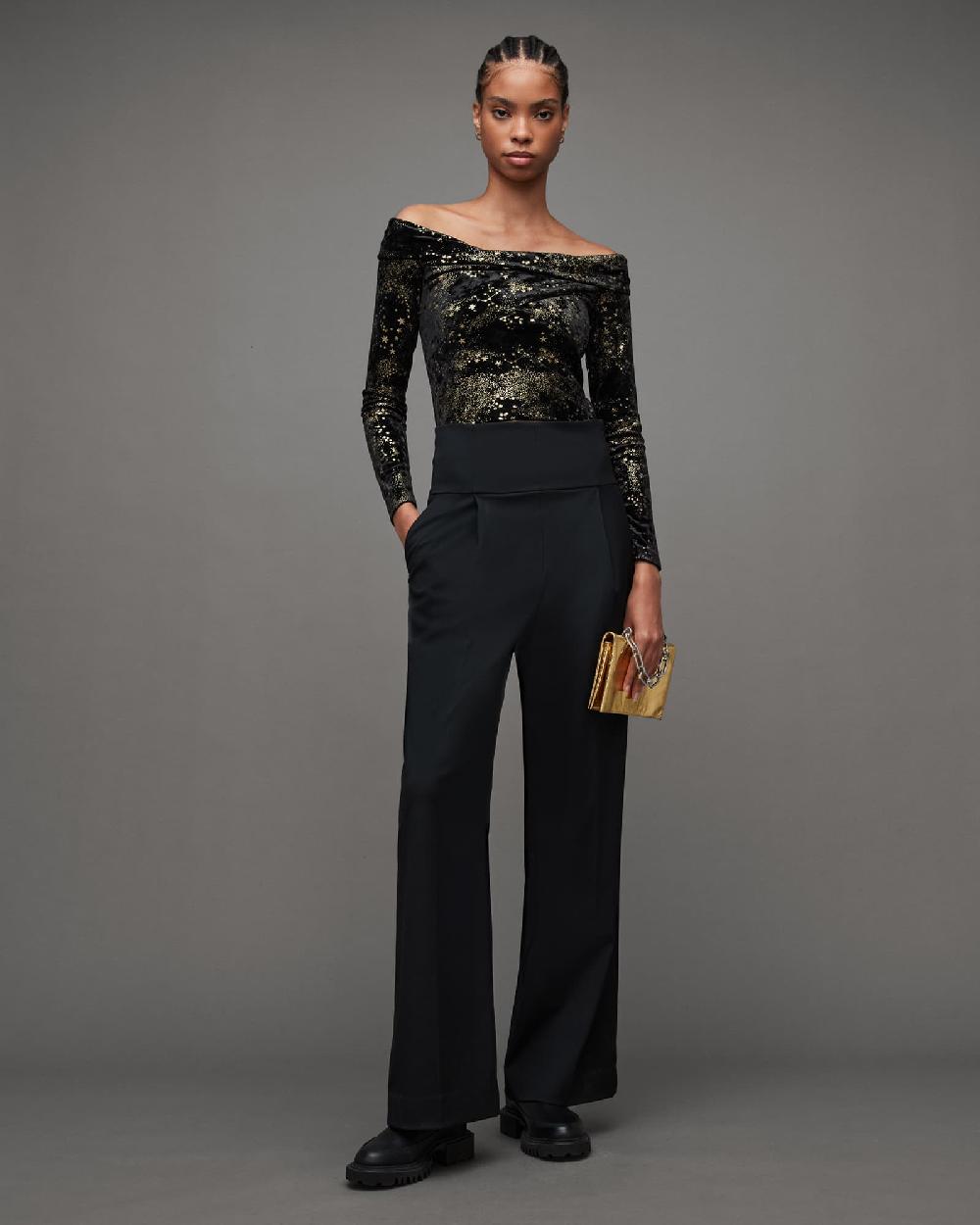 All Saints Delta Star Off Shoulder Velvet Top Black/Gold