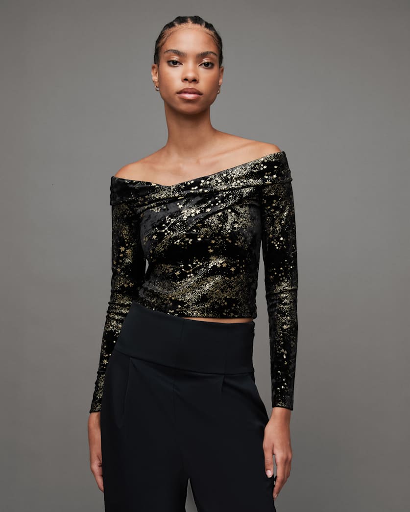 All Saints Delta Star Off Shoulder Velvet Top Black/Gold