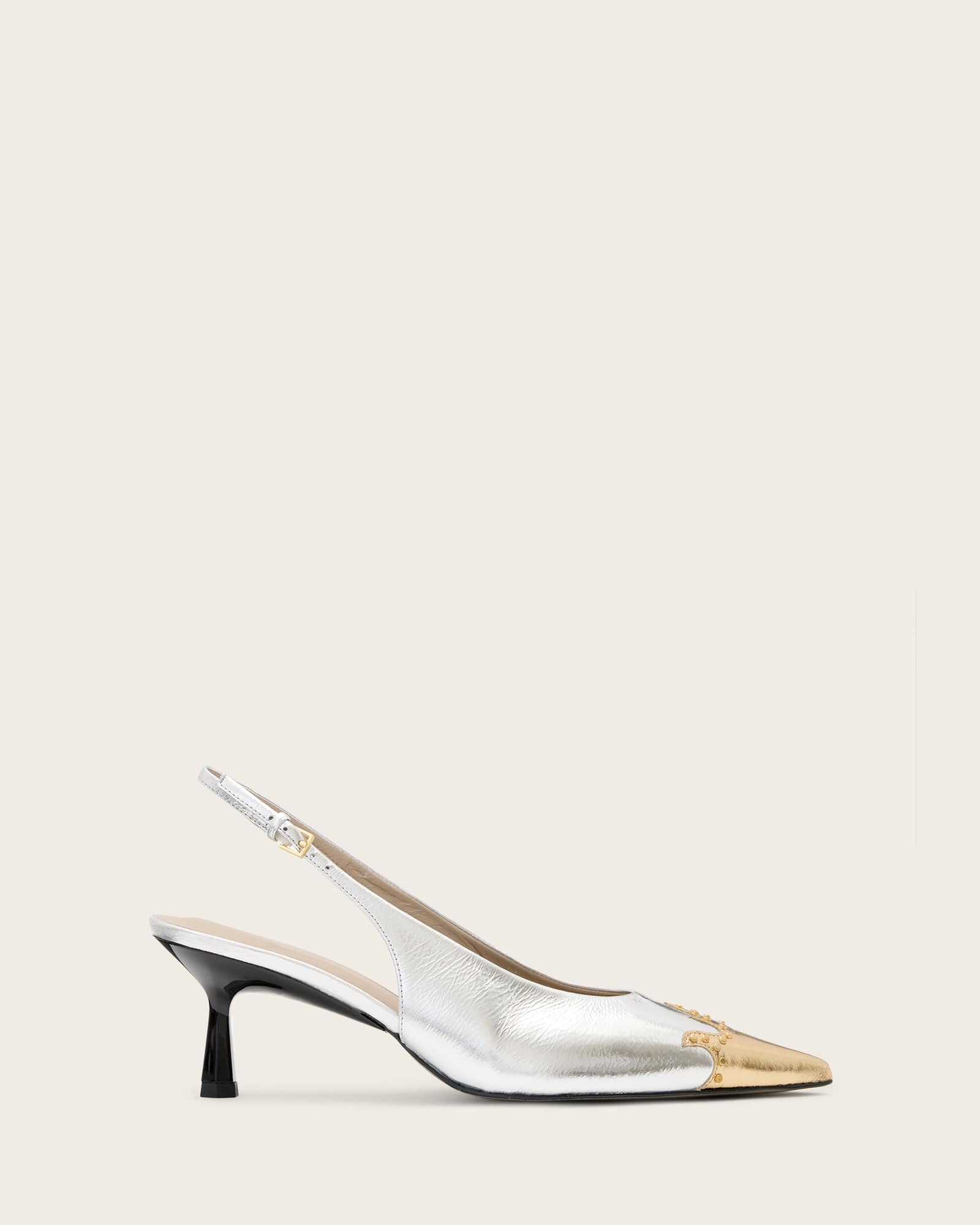 All Saints Denver Leather Slingback Heeled Shoes Silver/Gold