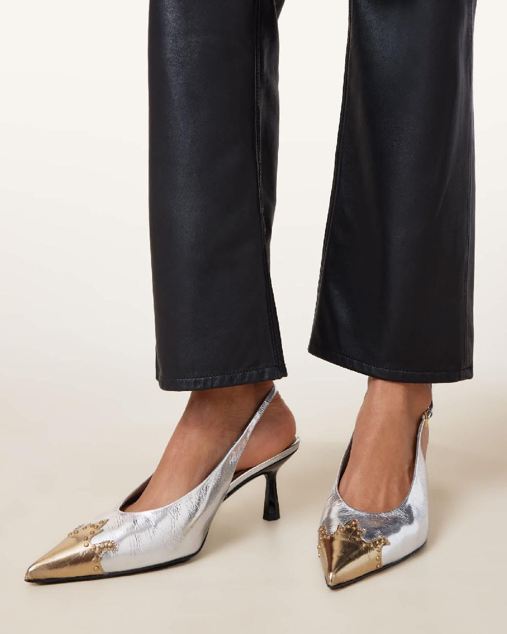 All Saints Denver Leather Slingback Heeled Shoes Silver/Gold