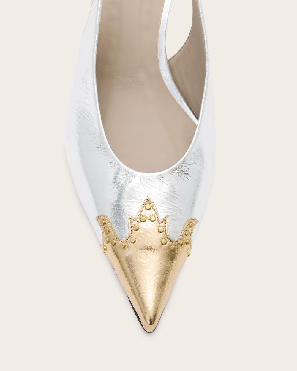 All Saints Denver Leather Slingback Heeled Shoes Silver/Gold