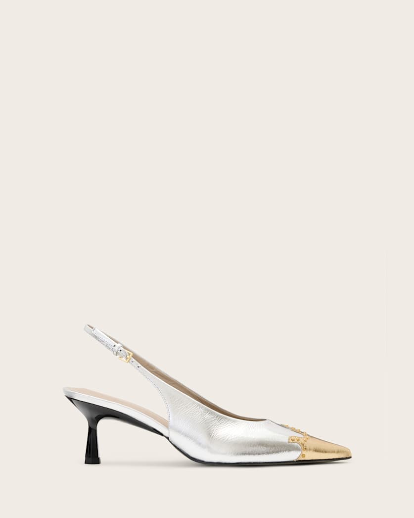 all saints Denver Leather Slingback Heeled Shoes Silver/Gold