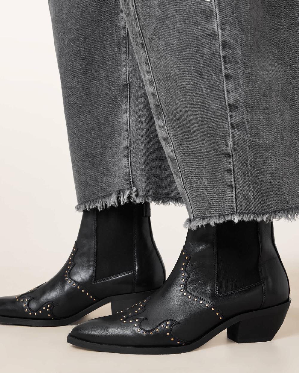 All Saints Denver Studded Leather Western Boots Black