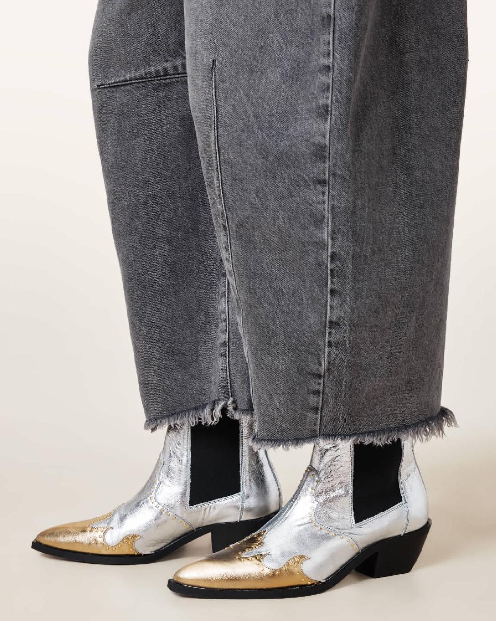 All Saints Denver Studded Leather Western Boots Silver/Gold