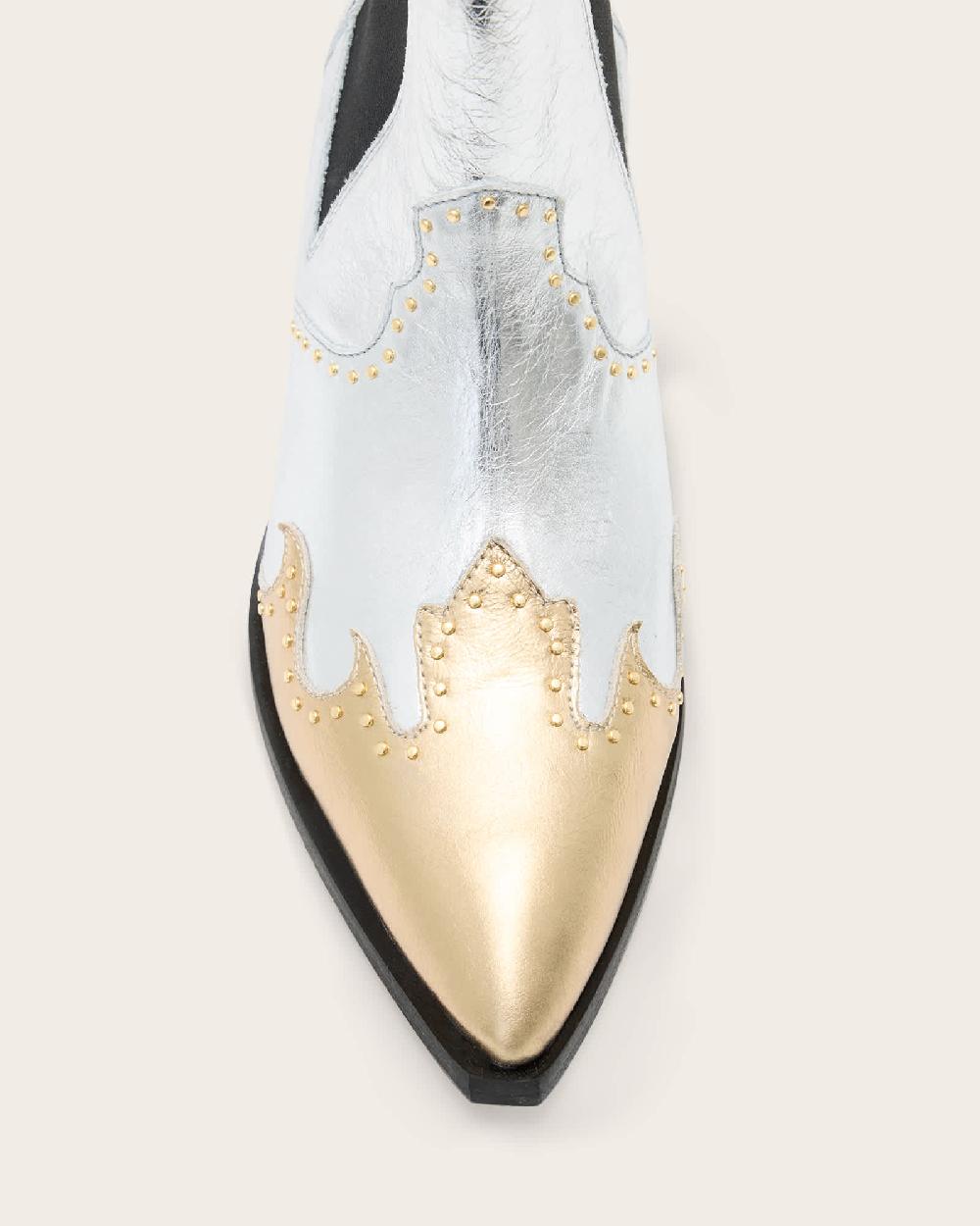 All Saints Denver Studded Leather Western Boots Silver/Gold