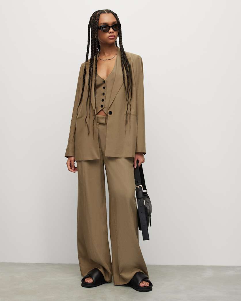 all saints Deri Lyn Linen Blend Wide Leg Pants LIGHT KHAKI BROWN