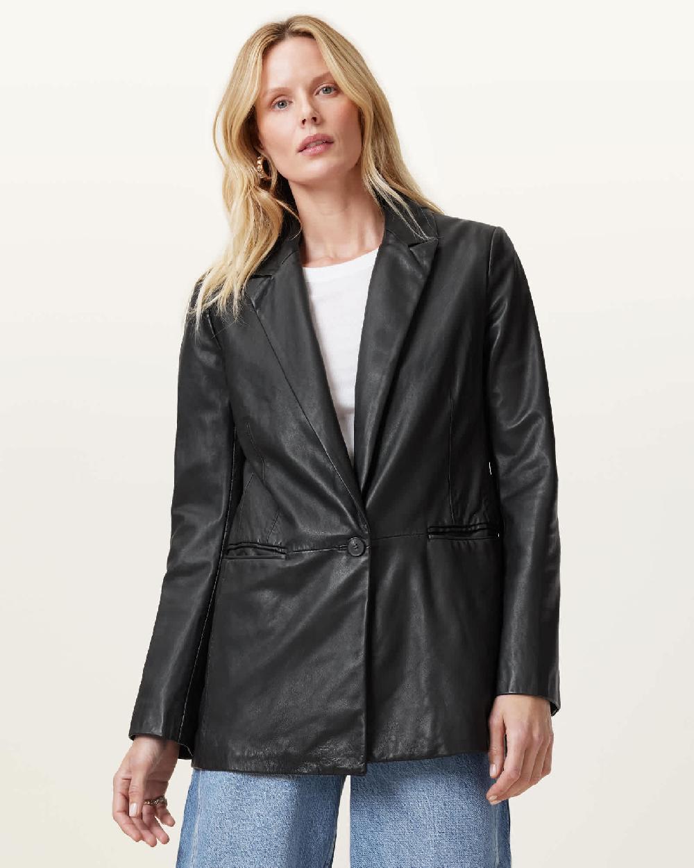 All Saints Deri Single Breasted Leather Blazer Black