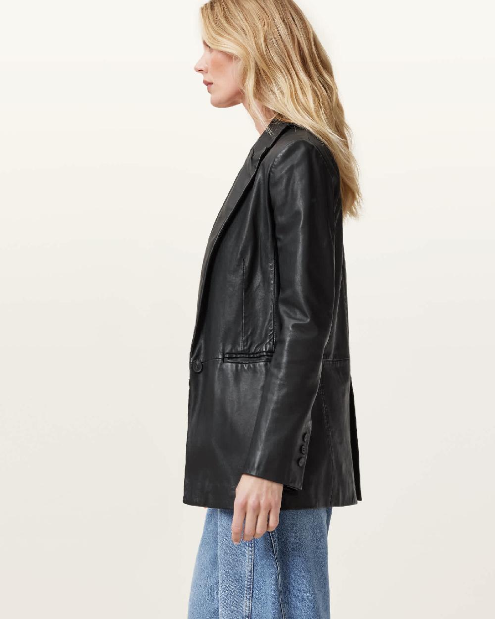 All Saints Deri Single Breasted Leather Blazer Black