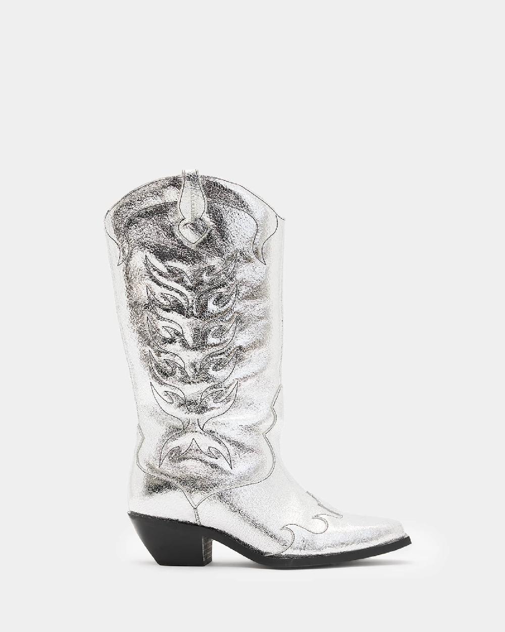 All Saints Dolly Metallic Leather Western Boots Metallic Silver