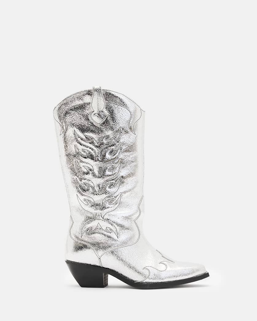 all saints Dolly Metallic Leather Western Boots Metallic Silver