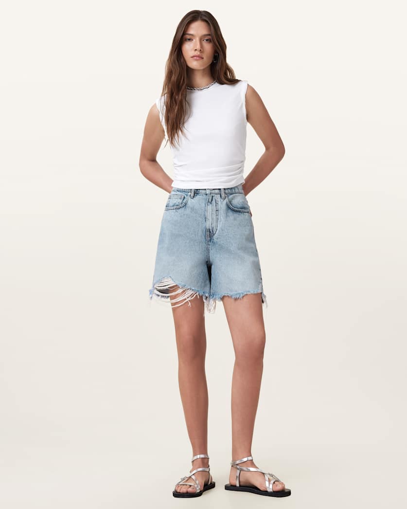 all saints Doris Wide Leg Denim Shorts Light Indigo