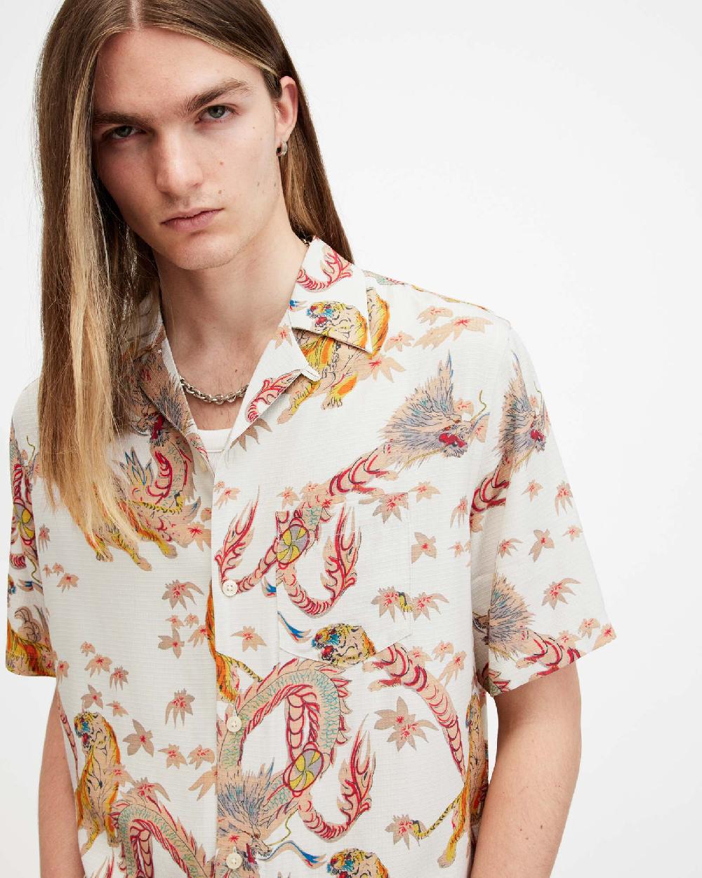 All Saints Dragon Relaxed Fit Printed Shirt Off White