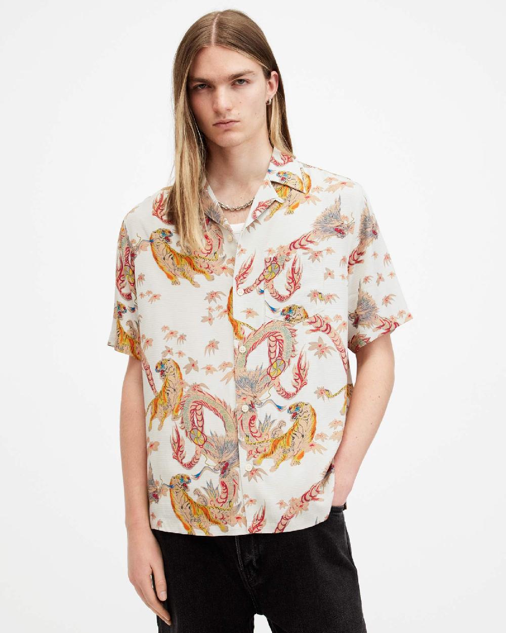 All Saints Dragon Relaxed Fit Printed Shirt Off White