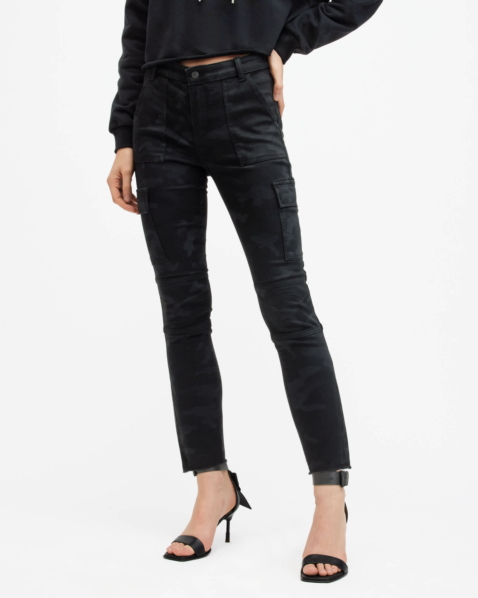 All Saints Duran Camouflage Skinny Cargo Jeans Washed Black