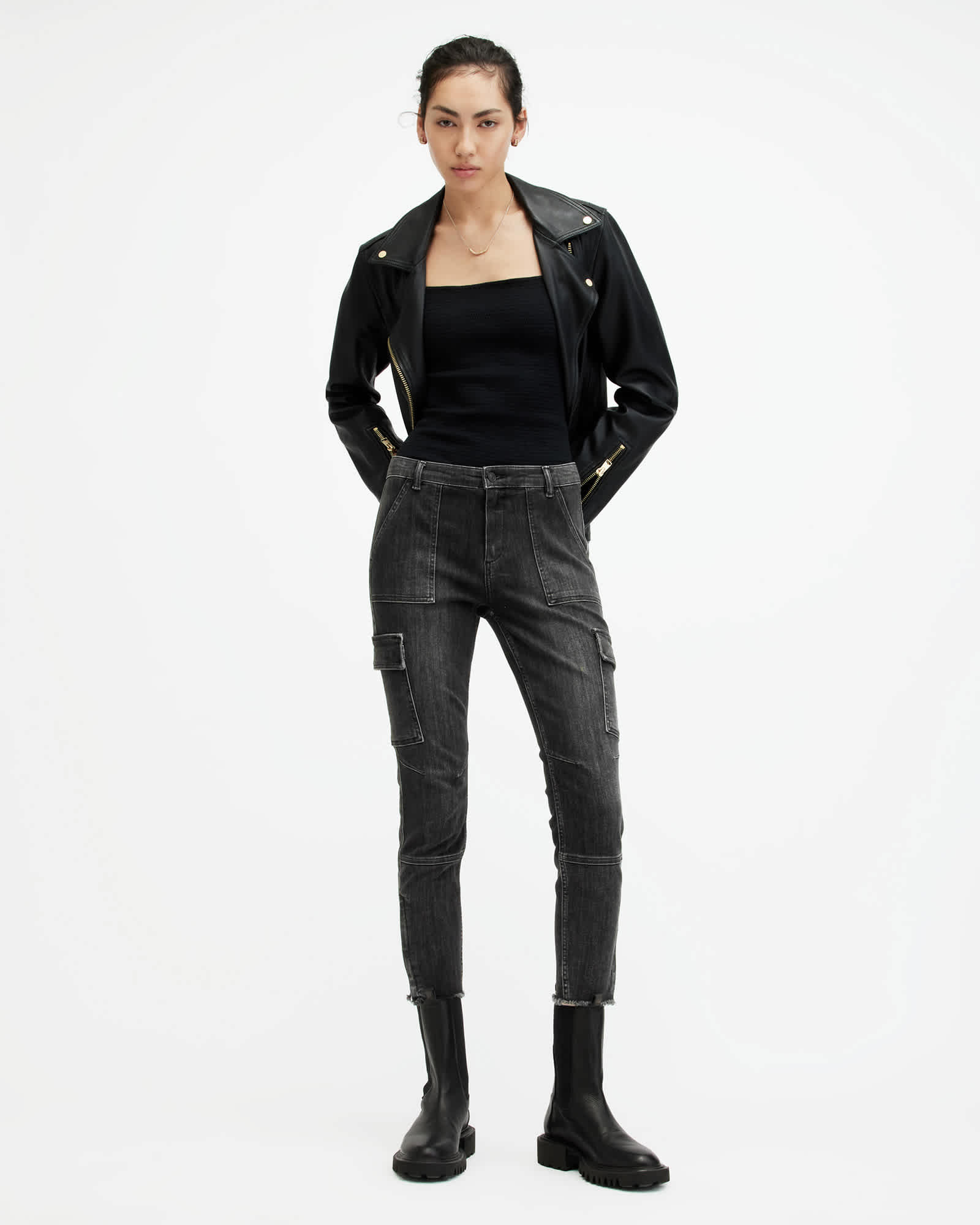 All Saints Duran Mid-Rise Skinny Cargo Denim Jeans Washed Black