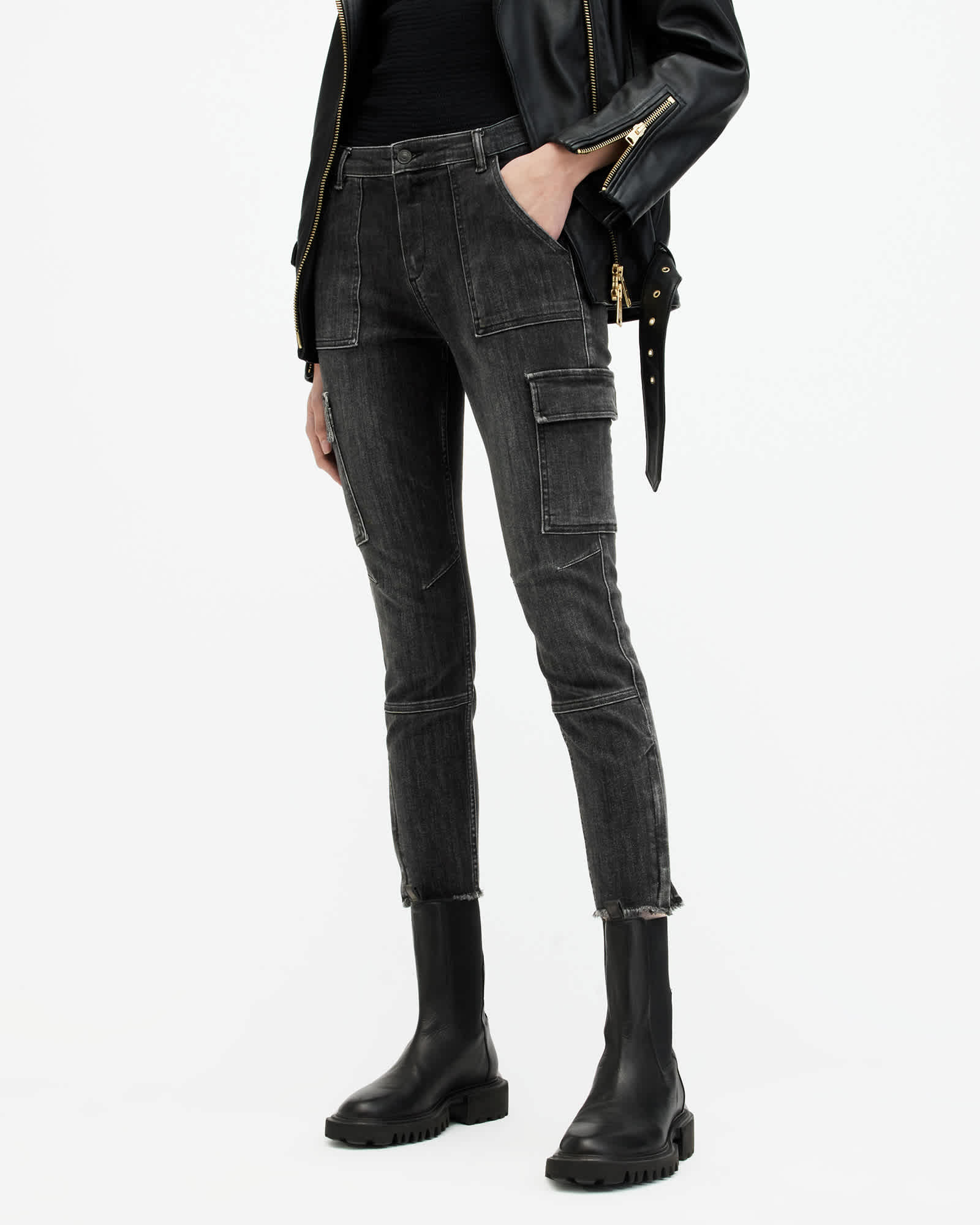 All Saints Duran Mid-Rise Skinny Cargo Denim Jeans Washed Black